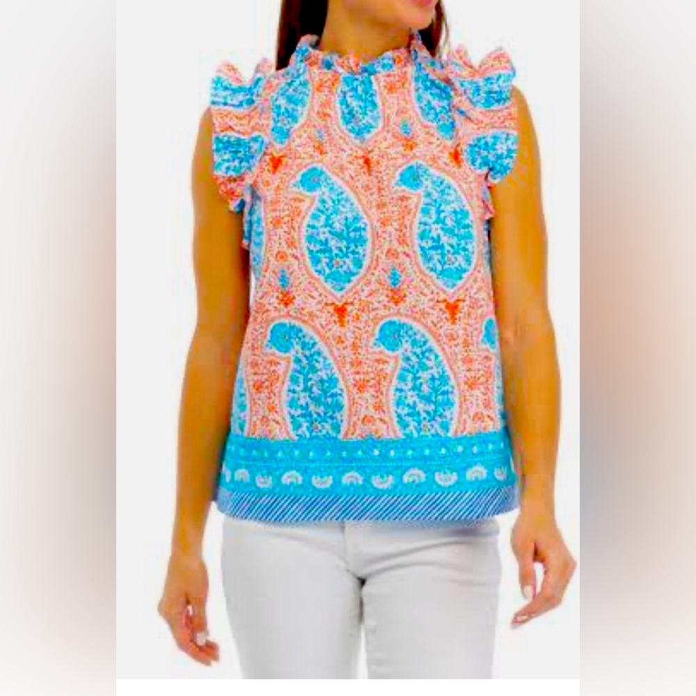 crown & ivy Coral and Turquoise Paisley Ruffle Sleeve Blouse